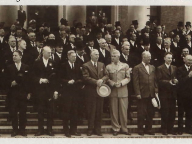 Marshall with President Conant and fellow honorands (from his left) Bradley, Wadsworth, Oppenheimer, Richards, and Eliot, before his speech.