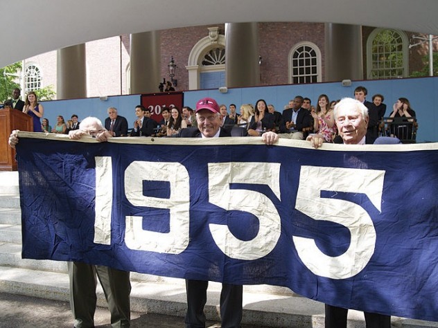 Photograph by Jim Harrison <b>The Blue Classes:</b> The Class of 2012 has revived the "class color" tradition (see "<a href="http://harvardmagazine.com/2009/11/harvard-class-colors-and-trademark-clothing">Curious Colors</a>"); theirs is blue. On Class Day, members of the class of 1955 displayed their class banner (also blue) to honor the graduating seniors and guest speaker Barney Frank, whose College class (1961) is blue, too.