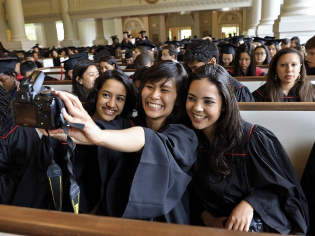 Photograph by Jim Harrison Memorial Church memories: a Baccalaureate-service selfie encompasses seniors Raina Gandhi, Jen Zhu, and Maria Barragan-Santana.