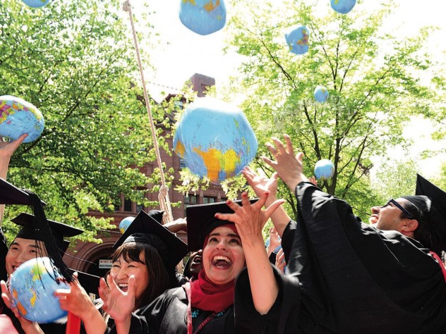 Photograph by Stu Rosner Kennedy School mid-career-degree celebrants (from left) Tadahiro Ikemoto, M.P.H. ’14, M.P.A. ’15, of Japan, Zhuldyz Bakytzhanova, M.P.A. ’15, Sahar Albazar, M.P.A. ’15, of Egypt, and Alvaro Henzler, M.P.A. ’15, of Peru