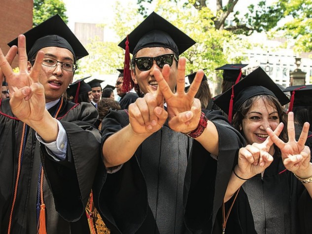 Photograph by Jim Harrison Class of 2015 First Marshal Sietse Goffard, of Bedford, Texas, with fellow class leaders Bob Wu of Sydney, Australia, Casey Fleeter, of Columbus, Ohio, and Christina Nguyen, of Irvine, California, XVing their Commencement pride
