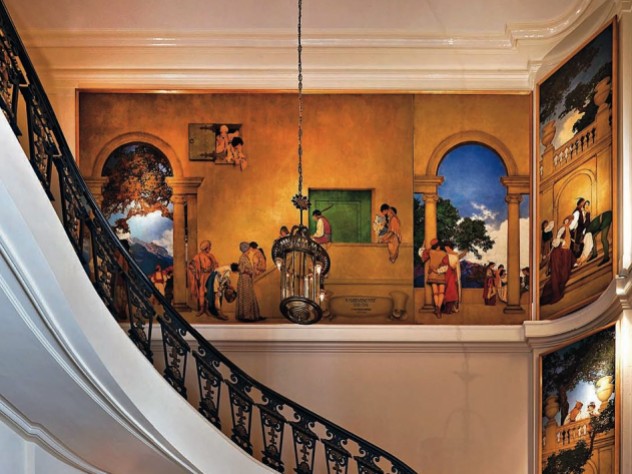 Copyright © 2015 National Museum of American Illustration, Newport, Rhode Island/Photograph courtesy of the Archives of American Illustrators Gallery, New York, New York Panels from <i>A Florentine Fete,</i> by Maxfield Parrish, loom over the museum’s lobby.