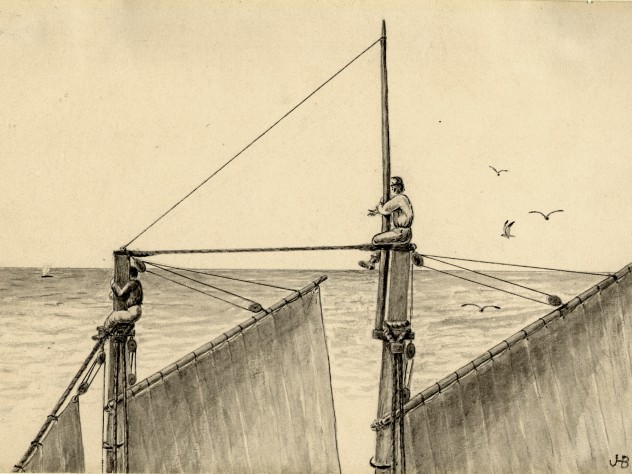 Image courtesy of the Ernst Mayr Library, MCZ, Harvard University. Not to be reproduced without permission. Six of Blake's drawings chronicle the 1864 capture of a right whale near Provincetown; the whale's skeleton now hangs from the ceiling of the Museum of Natural History. These drawings were once mounted on the wall below it. From the accompanying text: “‘There She Blows.’ The whale is sighted from the masthead by two lads of the schooner's crew.”