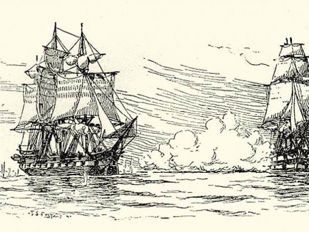 Naval History & Heritage Command HMS <em>Leopard</em> firing on the USS <em>Chesapeake</em> on June 22, 1807, to enforce a demand that the American ship submit to a search for British Navy deserters