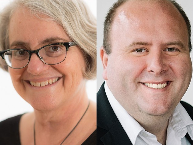 Portrait of Julie Reuben, Warren professor of the history of American education, newly appointed inaugural faculty dean of Phillips Brooks House Center, and Travis Lovett, the newly appointed assistant dean of civic engagement and service