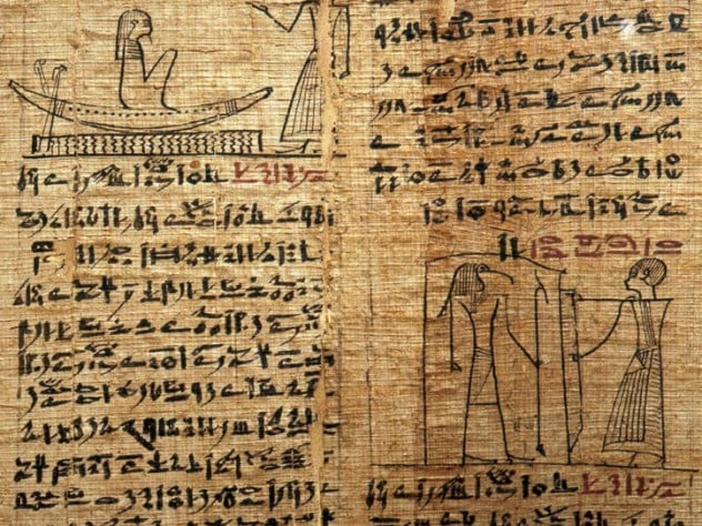 A fragment of a funerary papyrus with text from the ancient Egyptian Book of the Dead in hieratic script (from the Late Period, late eighth century B.C.E.. to 332 B.C.E.)