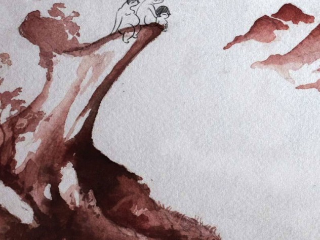 three slightly human figures, drawn in ink, on the edge of a cliff, part of a background done in watercolor