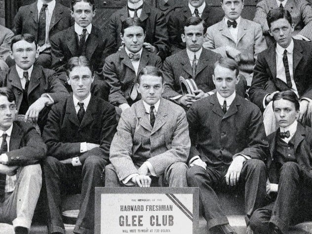 Courtesy of the FDR Suite Foundation FDR (first row, second from left) and his roommate Lathrop Brown (first row, far right) pose with fellow Glee Club members in the fall of their freshman year.