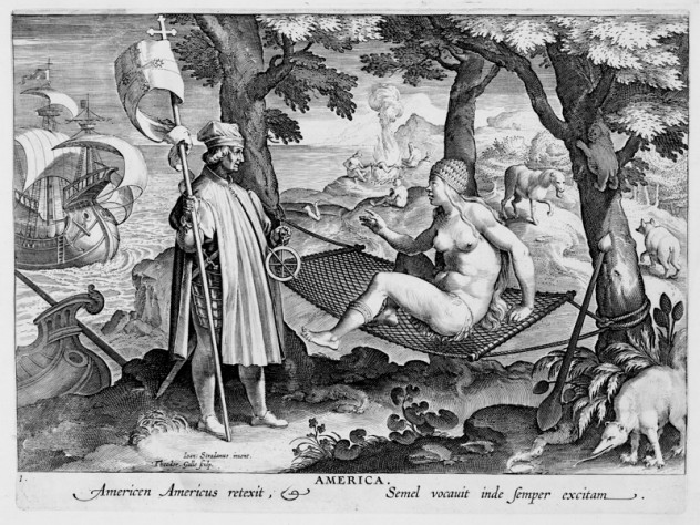 Photograph courtesy of the Sarah Campbell Blaffer Foundation, Houston. Theodore Galle, after Stradanus (Jan van der Straet), <i>Discovery of America,</i> from <i>Nova reperta</i> (New inventions and discoveries of modern times), c. 1599–1603. Engraving
