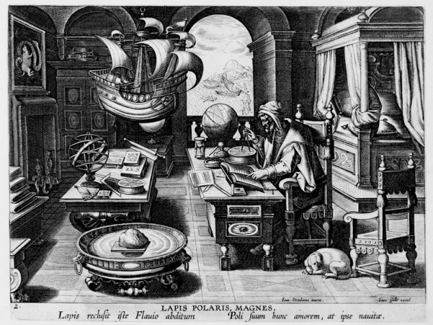 Photograph courtesy of the Sarah Campbell Blaffer Foundation, Houston. Hans Collaert the Younger, after Stradanus (Jan van der Straet), <i>Invention of the Compass,</i> from <i>Nova reperta</i> (New inventions and discoveries of modern times), c. 1599–1603. Engraving.