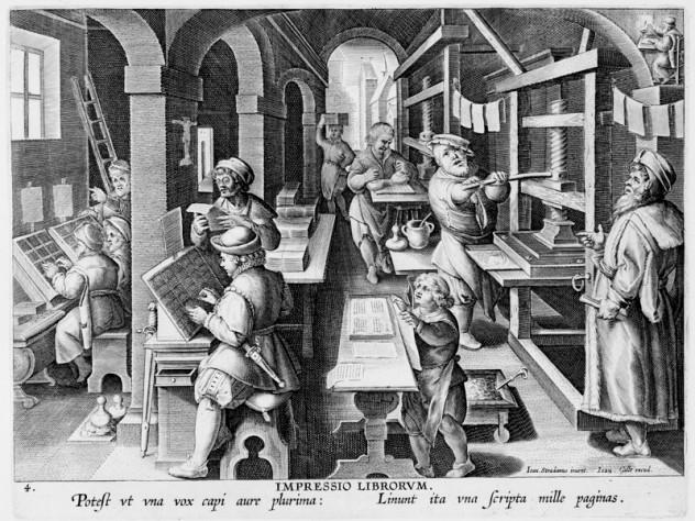 Photograph courtesy of the Sarah Campbell Blaffer Foundation, Houston. Unknown engraver, after Stradanus (Jan van der Straet), <i>Invention of Book Printing,</i> from <i>Nova reperta</i> (New inventions and discoveries of modern times), c. 1599–1603. Engraving.