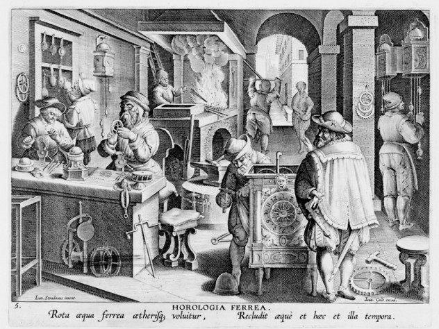 Photograph courtesy of the Sarah Campbell Blaffer Foundation, Houston. Unknown engraver, after Stradanus (Jan van der Straet), <i>Invention of Clockwork,</i> from <i>Nova reperta</i> (New inventions and discoveries of modern times), c. 1599–1603. Engraving.