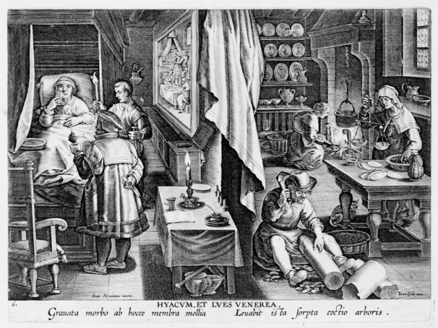 Photograph courtesy of the Sarah Campbell Blaffer Foundation, Houston. Unknown engraver, after Stradanus (Jan van der Straet), <i>Discovery of Guaiacum as a Cure for Venereal Infection,</i> from <i>Nova reperta</i> (New inventions and discoveries of modern times), c. 1599–1603. Engraving