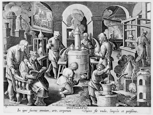 Photograph courtesy of the Sarah Campbell Blaffer Foundation, Houston. Unknown engraver, after Stradanus (Jan van der Straet), <i>Invention of Distillation,</i> from <i>Nova reperta</i> (New inventions and discoveries of modern times), c. 1599–1603. Engraving.