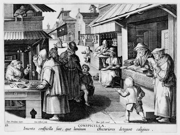 Photograph courtesy of the Sarah Campbell Blaffer Foundation, Houston. Hans Collaert the Younger, after Stradanus (Jan van der Straet), <i>Invention of Eyeglasses,</i> from <i>Nova reperta</i> (New inventions and discoveries of modern times), c. 1599–1603. Engraving.