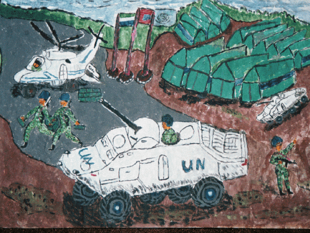 Image courtesy of Theresa Betancourt A painting by a former child soldier in Sierra Leone, showing United Nations peacekeepers arriving to bolster security at the end of the country's 11-year civil war. Betancourt photographed these drawings during meetings with children in an interim care center in Sierra Leone.