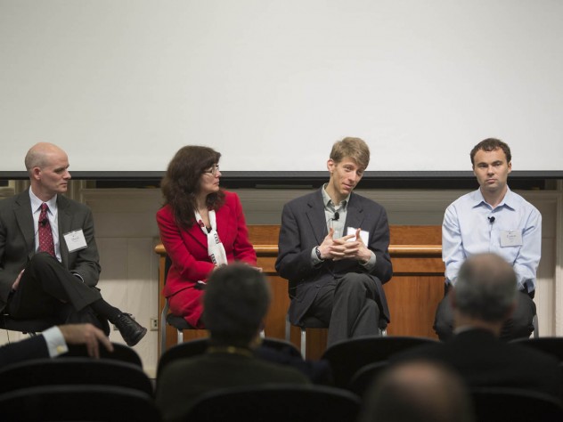 Photograph by Scott Eisen/Harvard Public Affairs and Communications At the “Discovering Solutions” panel (from left): David Mooney, Joanna Aizenberg, Adam Cohen, and Conor Walsh