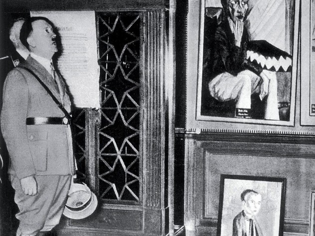 Adolf Hitler in Dresden, 1935, visiting an exhibition of disgrace, the precursor to the Exhibit of Degenerate Art