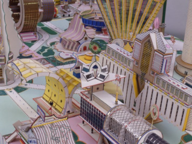 Photograph courtesy of the Cooper Gallery This model city by Bodys Isek Kingelez anchors <i>Luminós/C/ity.Ordinary Joy: From the Pigozzi Contemporary African Art Collection</i>.