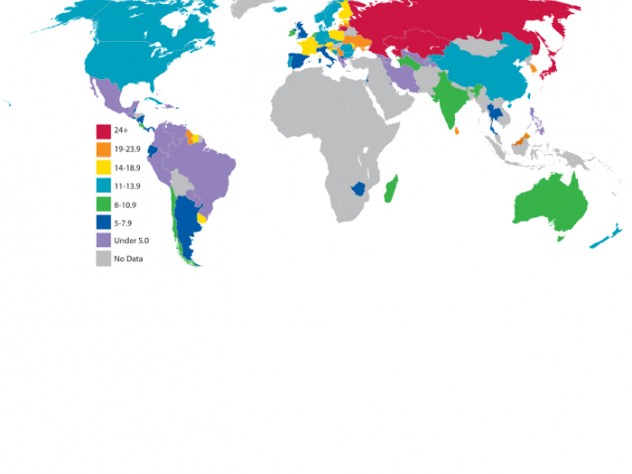Source: World Health Organization Mapping Suicide: Annual suicide rate per 100,000 population. Data shown are for the most recent year available, ranging from 1990 to 2008. The World Health Organization compiles data that countries provide; country-to-country differences may be due to actual variation in suicide rate, or to differences in reporting (e.g., where cultural taboos discourage talking about suicide), Matthew Nock warns.