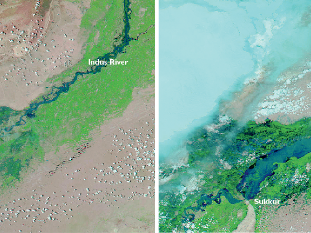 Images courtesy of NASA/MODIS Rapid Response Team Satellite imagery from NASA shows the devastating extent of flooding in Pakistan in 2010. The Indus (dark blue) was well within its banks on July 18 (left), dwindling almost to nothing as it meandered south. But by August 8 (right), it had swelled with monsoon rain so that vast areas of the river valley were flooded.