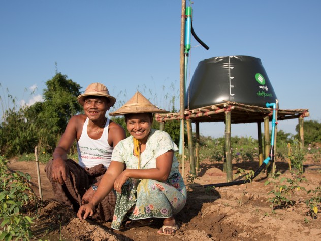 Photograph © Tim Mitzman for Proximity Designs 2013 Proximity Designs' water basket in farm use: using a treadle pump, farmers can collect and move water and then distribute it by hose or drip irrigation lines—huge improvements in time and labor compared to bearing buckets of water on their shoulders with a wooden yoke.
