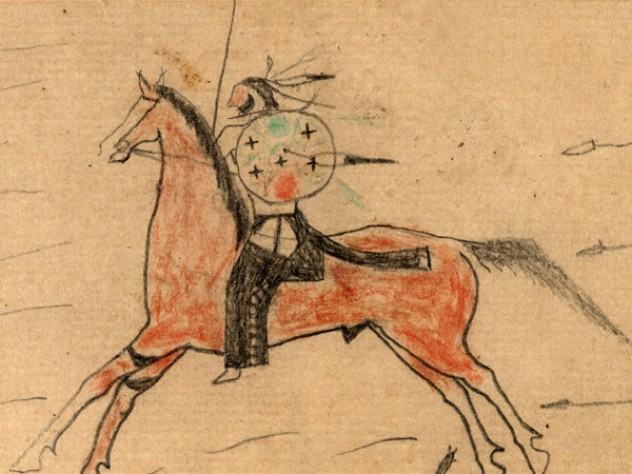 Courtesy of the Houghton Library, Harvard University. Gift of Harriet J. Bradbury, 1930 Detail from a ledger drawing by an unknown Plains Indian warrior, circa 1865, on exhibit at the Peabody Museum