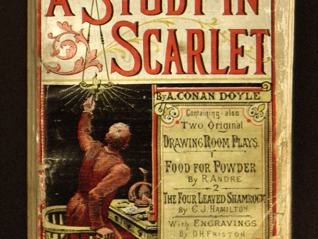 Photograph courtesy of Harvard College Library The cover of <em>Beeton's Christmas Annual,</em> a periodical which included the first publication of Doyle's "A Study in Scarlet," taken from Houghton's collection. With only about 30 copies still in existence, the magazine is considered rarer than Gutenberg Bibles.