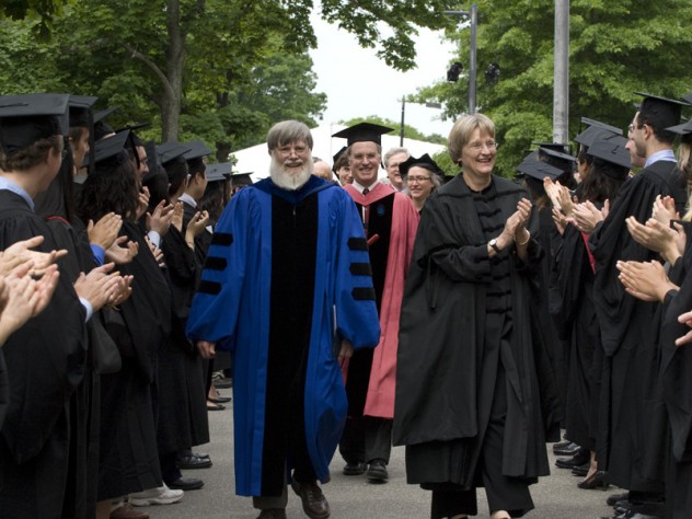 Photograph by Jim Harrison President Drew Faust and Mallinckrodt professor of physics Howard Georgi, president of Harvard College’s Phi Beta Kappa chapter, lead dignitaries into Sanders Theatre for the literary exercises as the undergraduate members of the chapter applaud. This year’s orator, Gurney professor of English literature and professor of comparative literature James Engell, marches just behind Faust and Georgi.