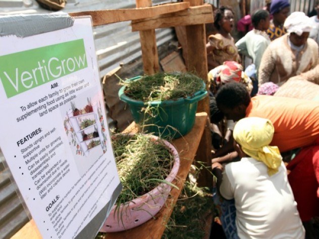 Photograph by Tugela Ridley Women in Kibera’s Gatwekera section plant seeds in a prototype of the VertiGrow planter, designed to maximize vertical space and enable growing food without much land. The original prototype, designed at Harvard, was made of PVC pipe. In Kibera, Nowak asked the women how to construct the planter out of cheap, readily available local materials.