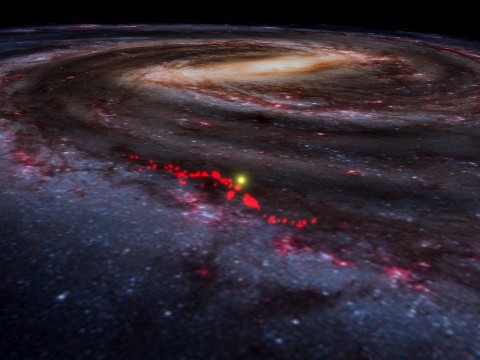 Red dots represent the Radcliffe Wave, superimposed here on an artist's rendering of the Milky Way as it appears in a screen shot taken from WorldWide Telescope.