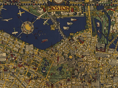 A bright and colorful historical map of Boston with details of streets, buildings, and green spaces