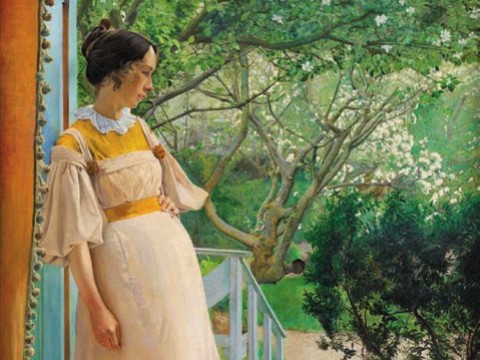 Painting of a young woman standing at a French window, looking at a verdant garden