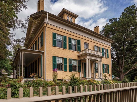 Photograph of Emily Dickinson’s family home, The Homestead, an elegant wooden building