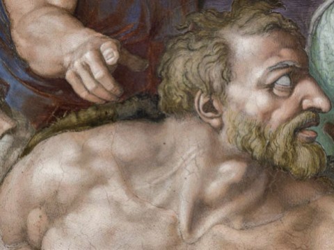Head and torso of a man painted by Michelangelo on the Sistine Chapel ceiling.