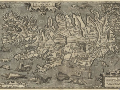 A detailed 1598 map of Iceland, with monstrous sea creatures in the surrounding waters and polar bears on ice flows.