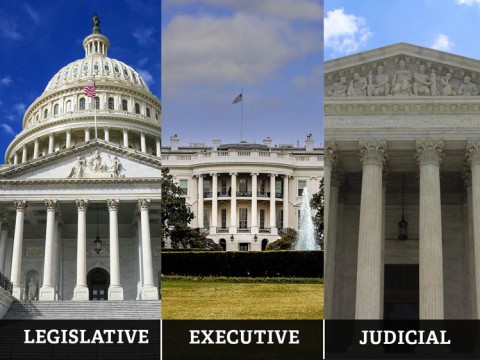 Photographs of the U.S. Capitol, the White House, and the Supreme Court, representing the three branches of government.