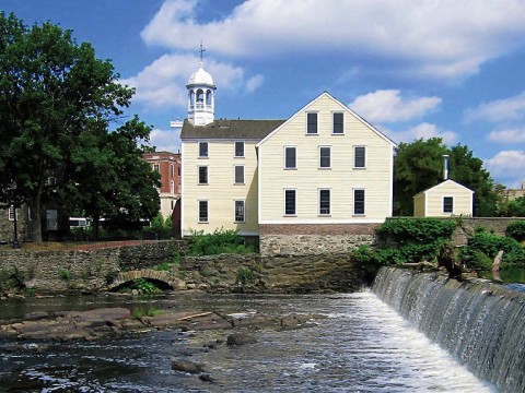 Scenic view of historic Slater Mill in Pawtucket, Rhode Island