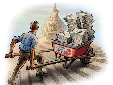 Illustration of a man pushing a wheelbarrow full of petitions up the steps to Congress.