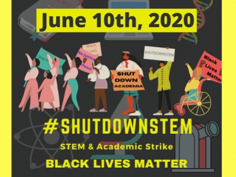 An illustrated poster for the June 10, 2020 #ShutDownStem academic strike for Black Lives Matter, showing people of different races, genders, and abilities organizing for racial justice