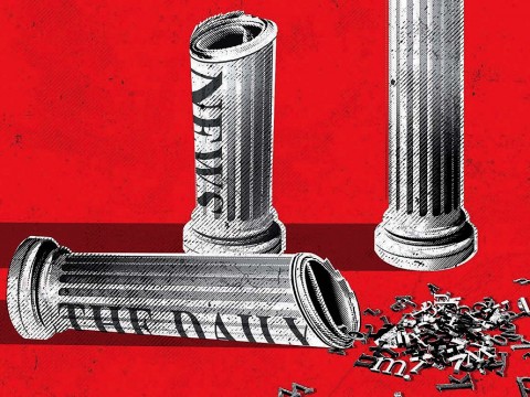 Illustration showing Greek pillars to represent democracy made from rolled newspapers. One of the pillars has tipped over and spilled a jumble of letters. 