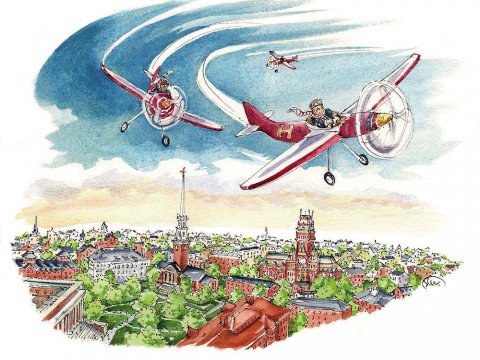 Cartoon showing student pilots flying airplanes above Harvard's campus