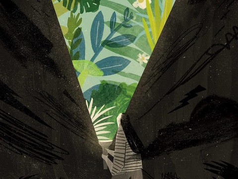 image of a girl in a dark space looking upward as her flashlight illuminates a verdant space ahead