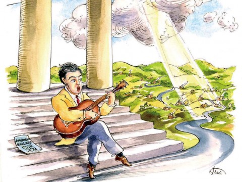 Drawing of Alan Lomax singing in Harvard Yard