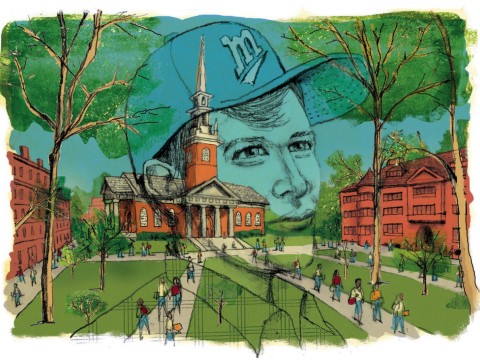 An illustration of Harvard Yard with a superimposed rendering of a youthful male figure contemplating his place at the College