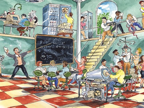 Illustration imagining the evolution of computer science at Harvard in a playful way