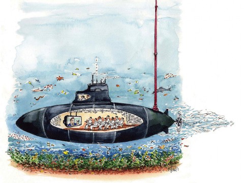 Cartoon of a submerged submarine with a cut-out view of the interior, where crew members are taking a Harvard course via video recording.