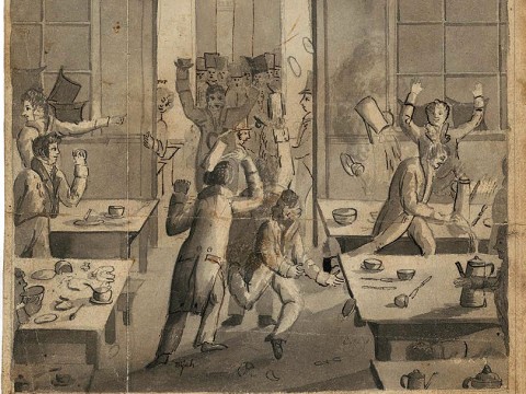 A drawing of students rebelling in a dining hall.