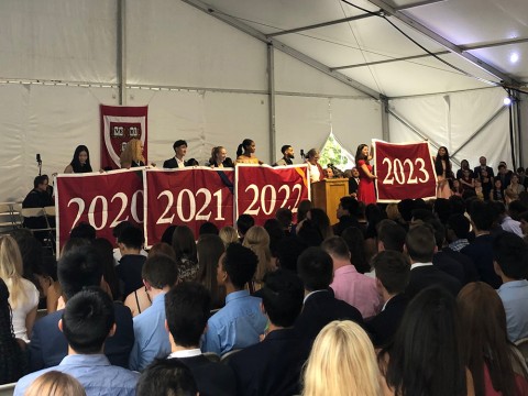 The class of 2023 displays its class year banner for the first time