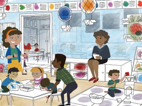 An illustration of an elementary school classroom with two teachers and an observer